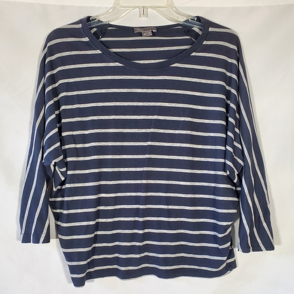 VINCE NAVY ROYAL BLUE STRIPED BAGGY 3/4 SLEEVE PULLOVER STRETCHY PIMA COTTON